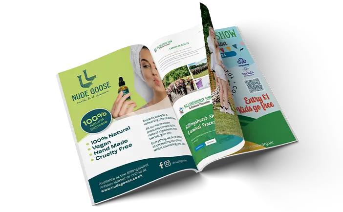 A mockup of an A5 booklet highlighting an advert design for Nude Goose, a natural skincare company.